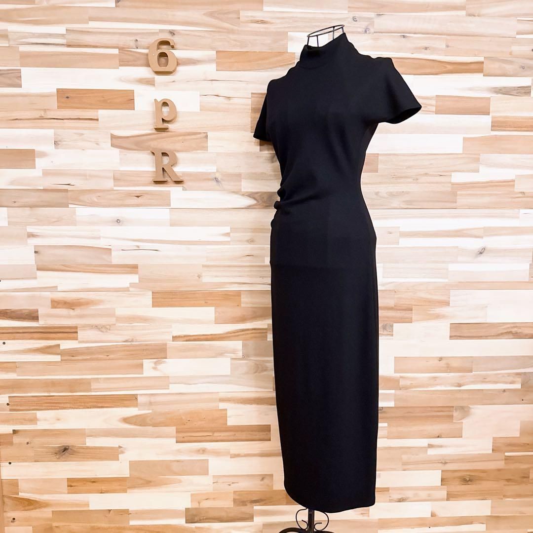 ザラ アシンメトリー サイド ギャザー ロング ワンピース 半袖 M黒ブラック モックネック 無地 ドレス ドレープ ワン