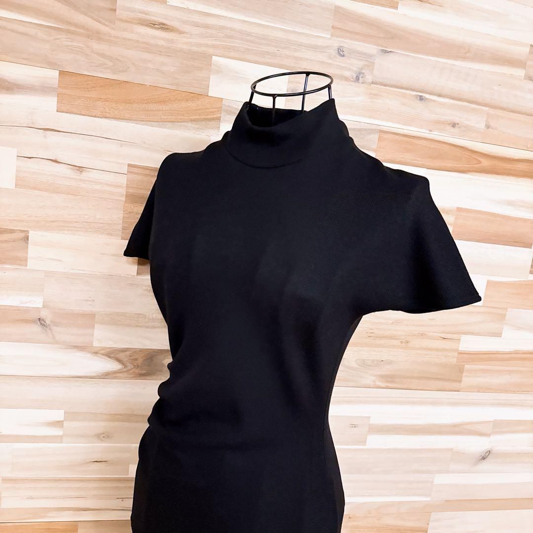 ザラ アシンメトリー サイド ギャザー ロング ワンピース 半袖 M黒ブラック モックネック 無地 ドレス ドレープ ワン