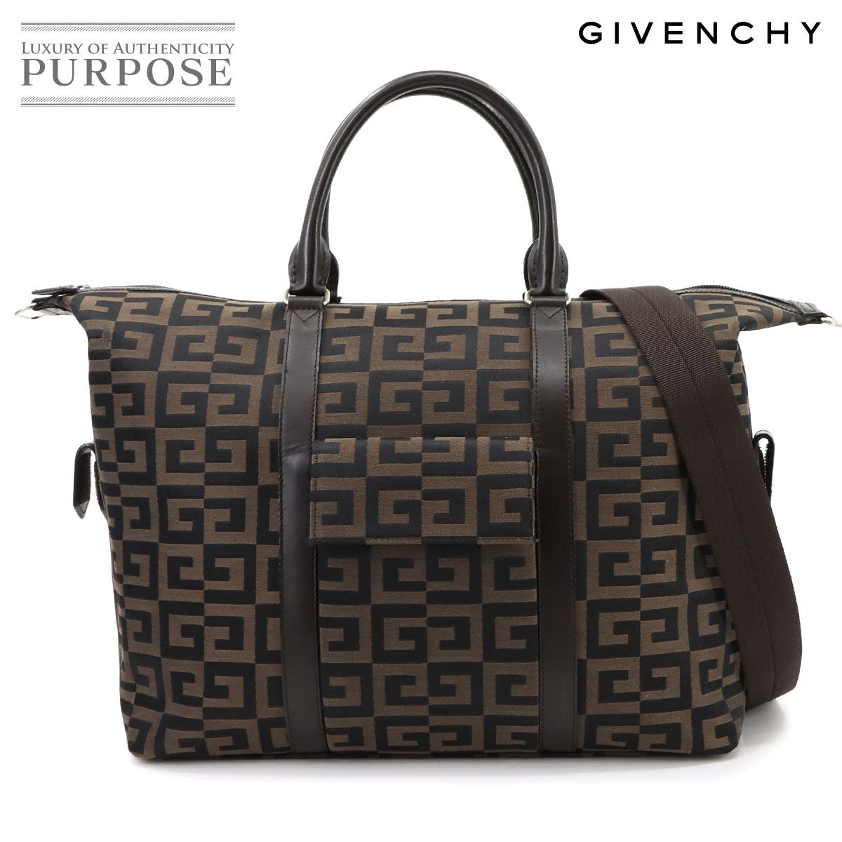 ジバンシィ GIVENCHY 2way ボストン ショルダー バッグ ナイロンキャンバス レザー ブラウン ブラック シルバー 金具 90299468