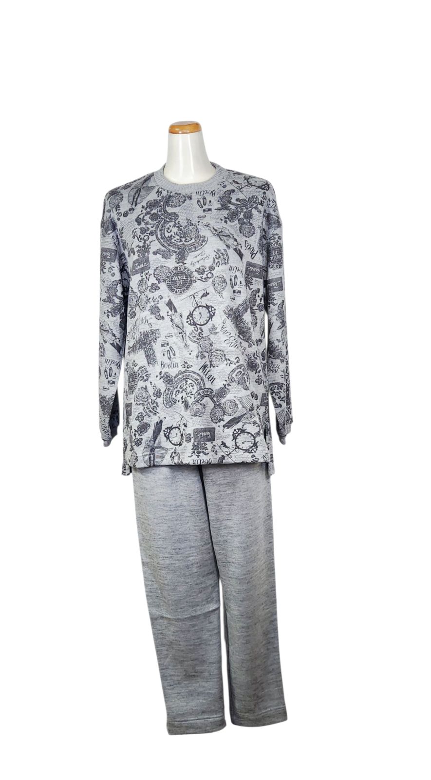 鴨居羊子 TUNIC 長袖 丸首トレーナーパジャマ ボンバー レトロモノトン グレー色 43411