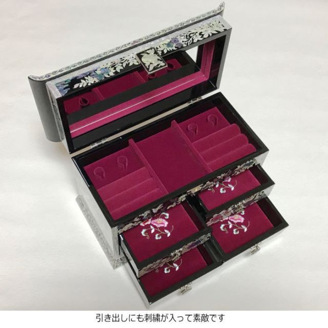 韓国 螺鈿 黒漆 白蝶貝 鶴 花 鳥 小物入 箪笥 ジュエリーボックス 象嵌