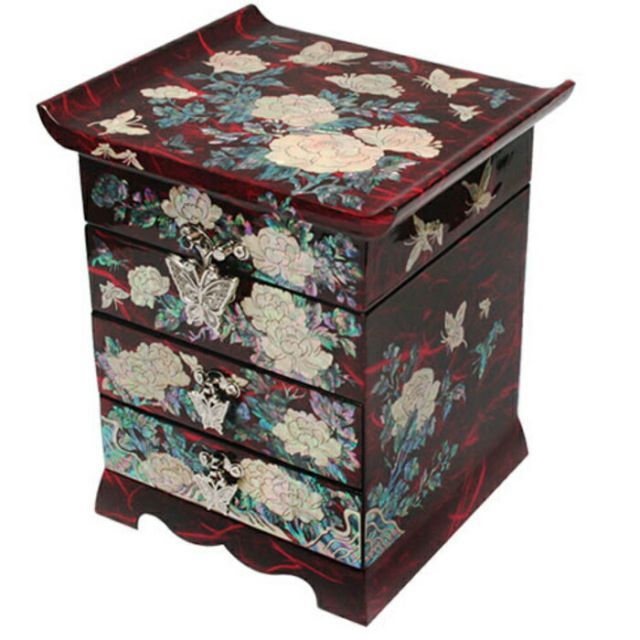 韓国螺鈿宝石箱 牡丹3段引き出しジュエリーボックス(レッド