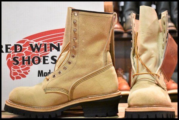 8D DEAD PT91刺繍 98年 レッドウィング 8218 スエード ロガー タンラフアウト ベージュ 編み上げ ロング ブーツ redwing HOPESMORE FD267