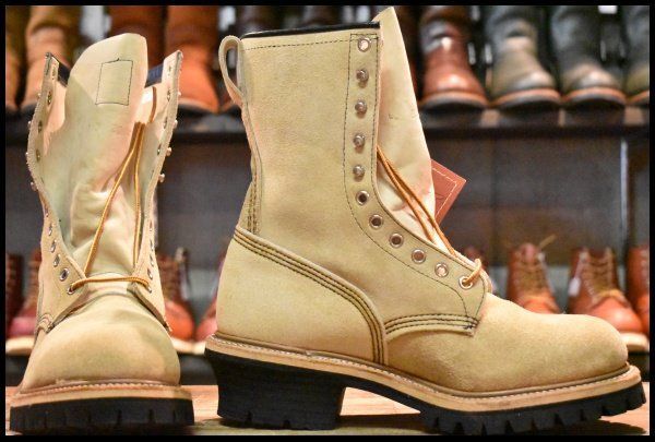 8D DEAD PT91刺繍 98年 レッドウィング 8218 スエード ロガー タンラフアウト ベージュ 編み上げ ロング ブーツ redwing HOPESMORE FD267