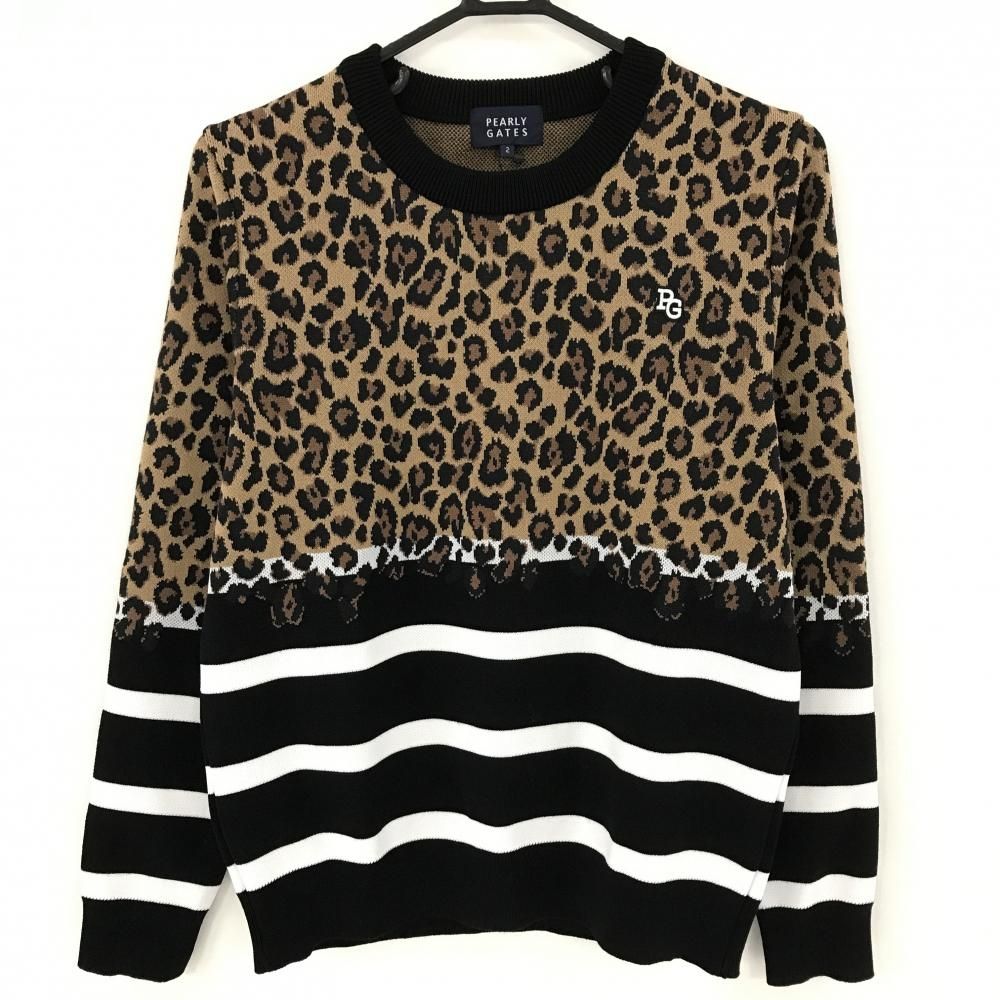 パーリーゲイツ セーター 黒×ブラウン 一部レオパード ニット レディース 2 L ゴルフウェア PEARLY GATES