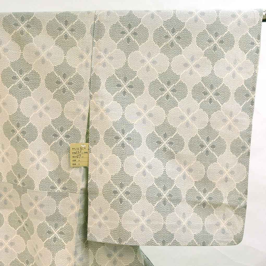  紬 身丈163 cm 裄64 前幅23.5 後幅30 袖丈49 袖幅33 レディース 単衣 連続模様 裄Mサイズ 初夏 初秋用 正絹 シルク ホワイト リメイク リユース リサイクル 呉服のきくや 紬 着物
