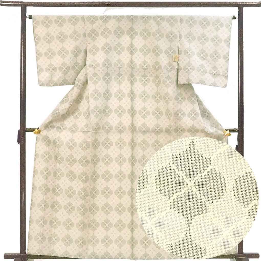 紬 身丈163 cm 裄64 前幅23 5 後幅30 袖丈49 袖幅33 レディース 単衣 連続模様 裄Mサイズ 初夏 初秋用 正絹 シルク ホワイト リメイク リユース リサイクル 呉服のきくや