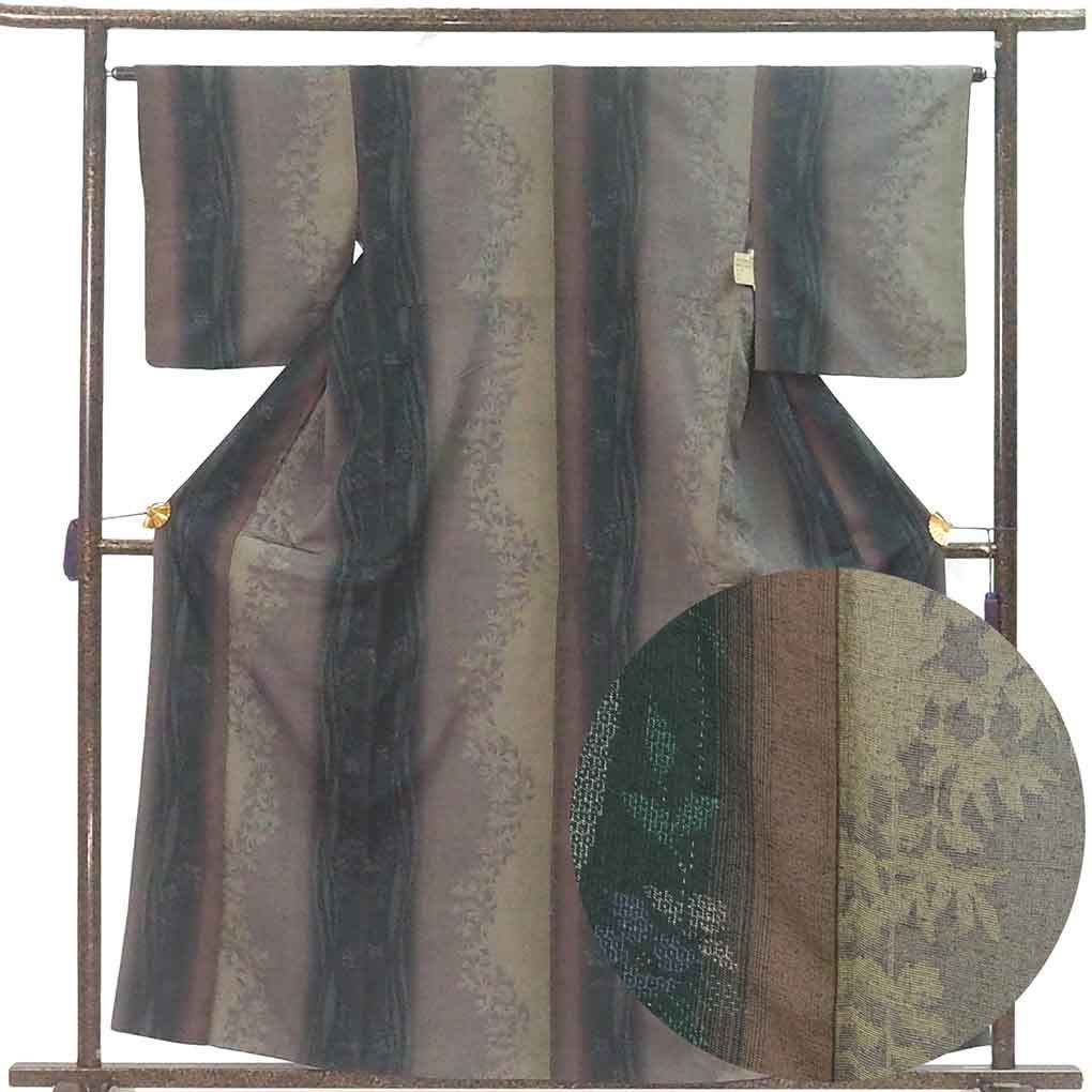 紬 身丈160 cm 裄64.5 前幅24 後幅30 袖丈49 袖幅33 レディース 袷 縦ぼかし 裄Mサイズ 秋冬春用 正絹 シルク ブラウン リメイク リユース リサイクル 呉服のきくや