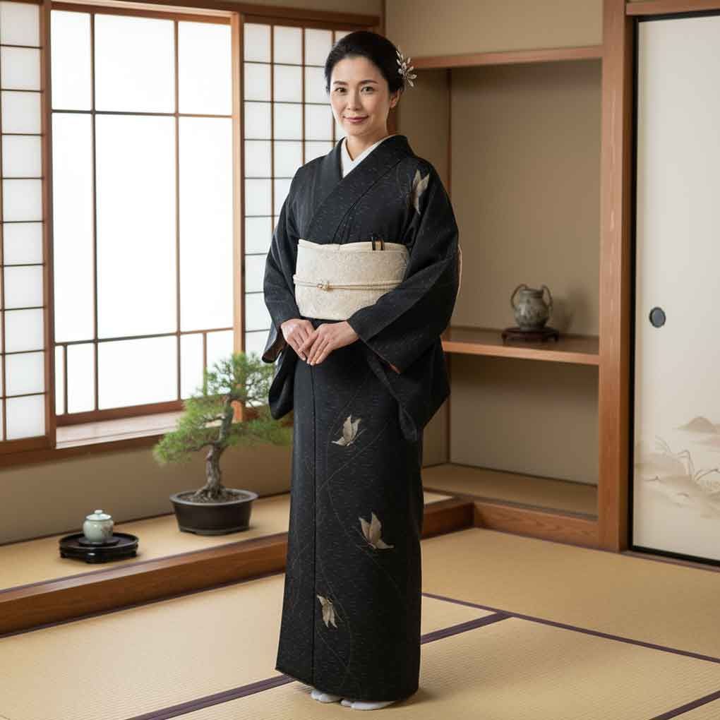  紬 身丈155 cm 裄63 前幅22.5 後幅28 袖丈49 袖幅33 レディース 袷 蝶柄 裄Mサイズ 秋冬春用 正絹 シルク ブラック リメイク リユース リサイクル 呉服のきくや 紬 着物