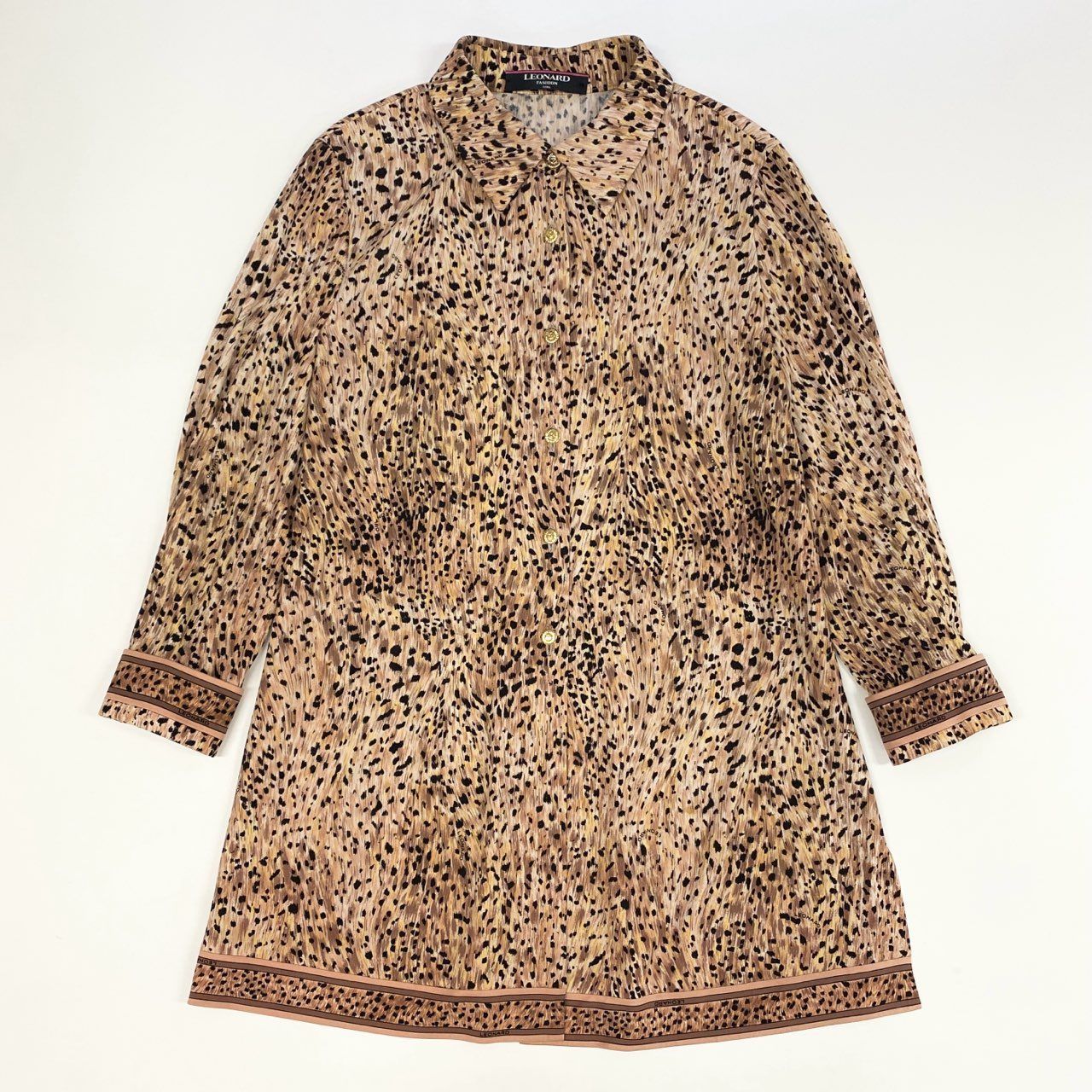 4 k 7 LEONARD FASHION レオナール 長袖シャツ チュニックワンピース カンカン素材 総柄 金ボタン レディース 女性用 L ベージュ系o 07 t