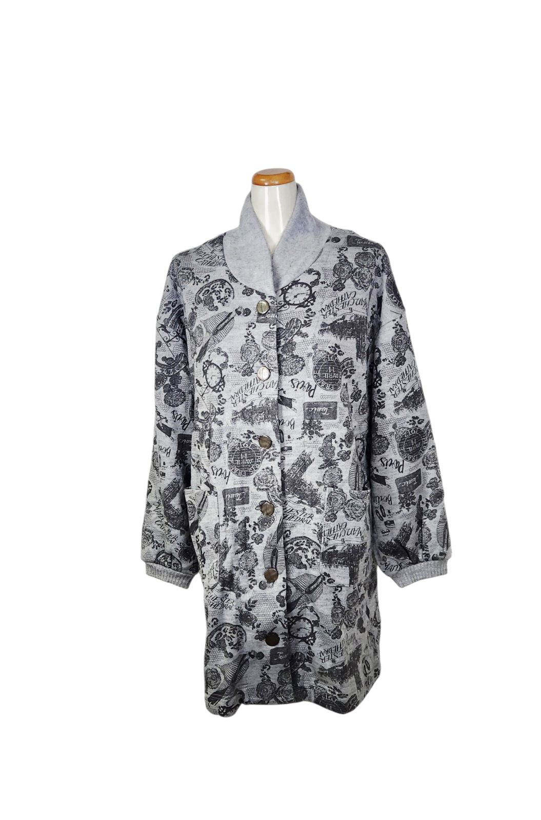 鴨居羊子 TUNIC 長袖 羽織 ガウン ボンバー レトロモノトン グレー色 89358