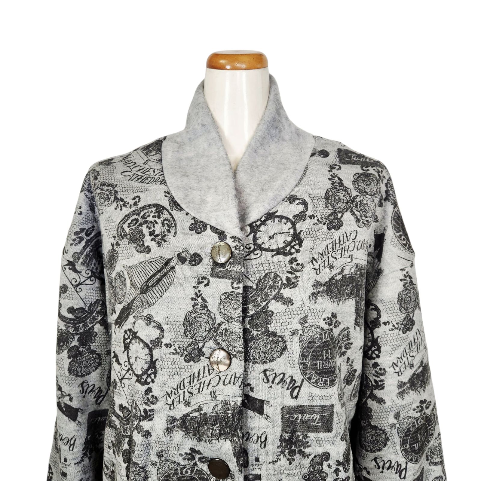 鴨居羊子 TUNIC 長袖 羽織 ガウン ボンバー レトロモノトン グレー色 89358