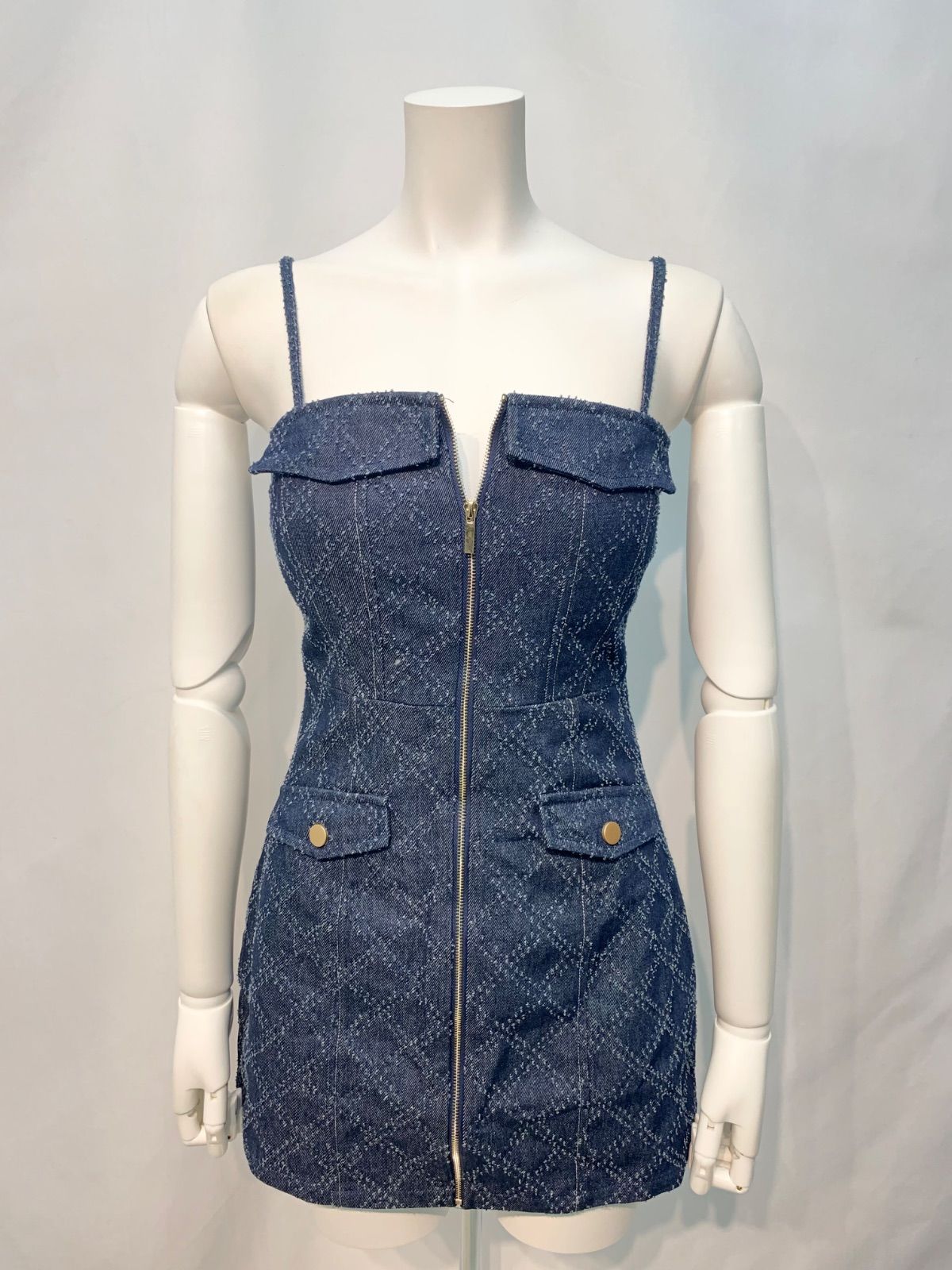 1757 ROBE de FLEURS Glossy ローブドフルール グロッシー キャバクラ ドレス デニム ジャガード タイト ミニ 2way フロントジップ キャバドレス S