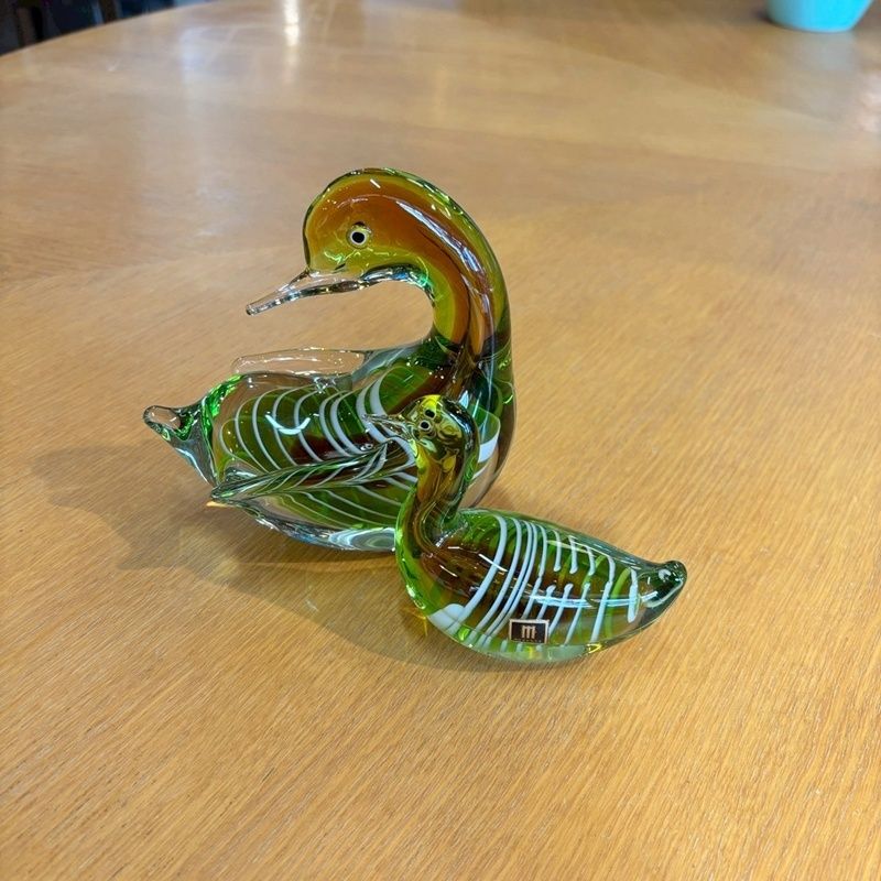 マルティグラス ガラス 鳥 ペアセット グリーン アンバー 置物