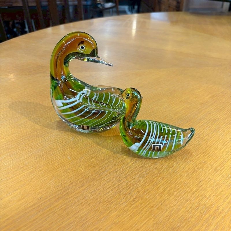 マルティグラス ガラス 鳥 ペアセット グリーン アンバー 置物