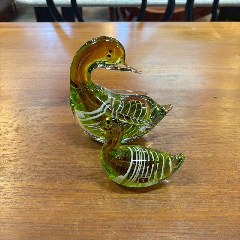 マルティグラス ガラス 鳥 ペアセット グリーン アンバー 置物