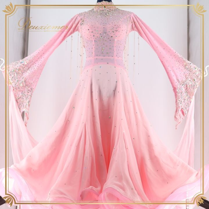 社交ダンス 衣装 ドレス ドレス ワンピース フロート デモ 競技 ダンス パーティ 発表会 明るい HIROKO YAMAGUCHI ヒロコヤマグチ ピンク系 ステージ衣装 おしゃれ 装飾 豪華 レディース フリル