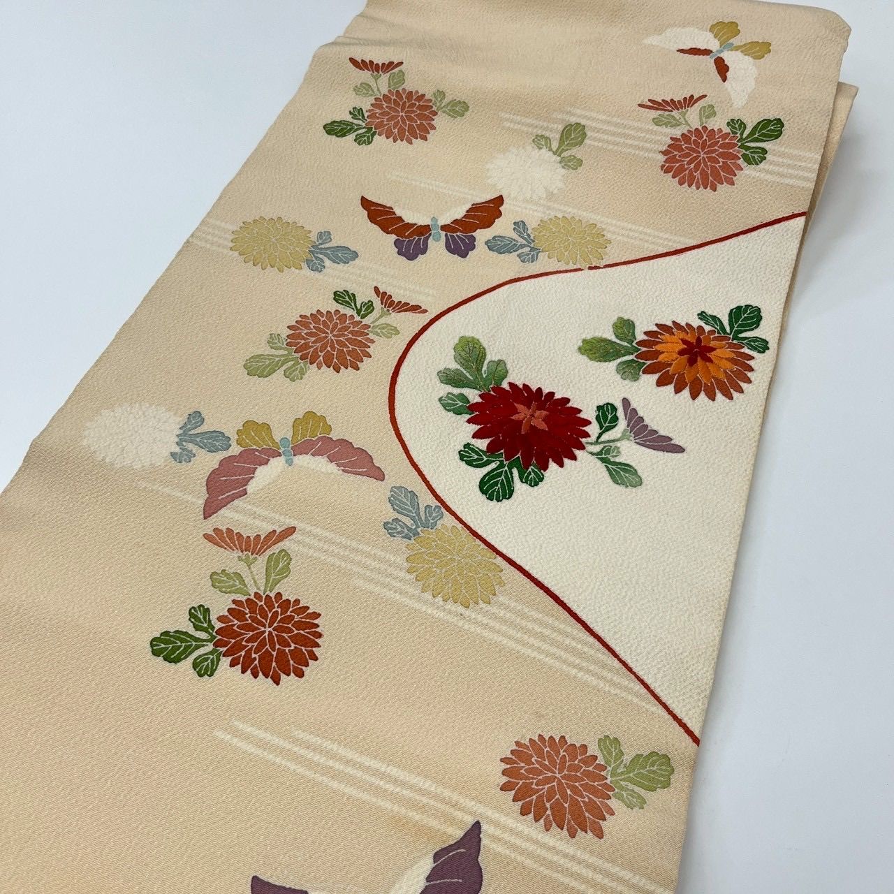 名古屋帯 刺繍 縮緬 友禅 蝶々に花の染め 九寸 正絹 着物 MA-840 