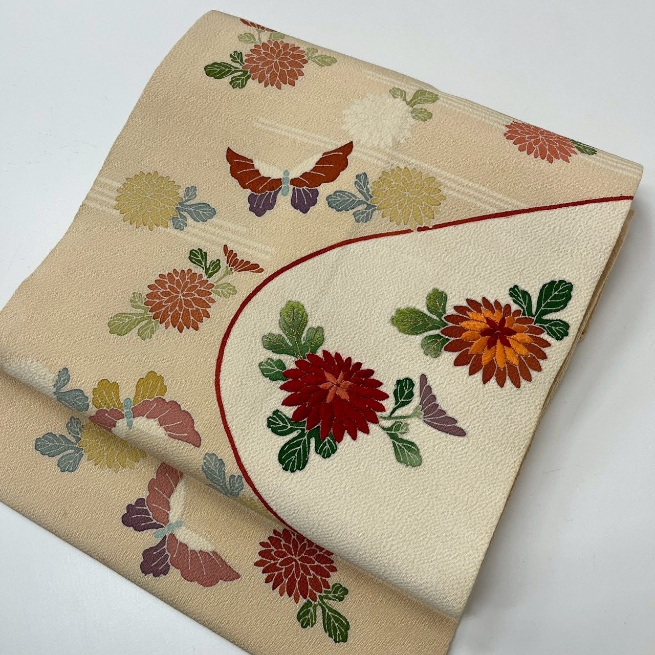 市松人形 12号 蝶々 花 錦紗縮緬 アンティーク 着物 帯 ＊ 市松人形 12