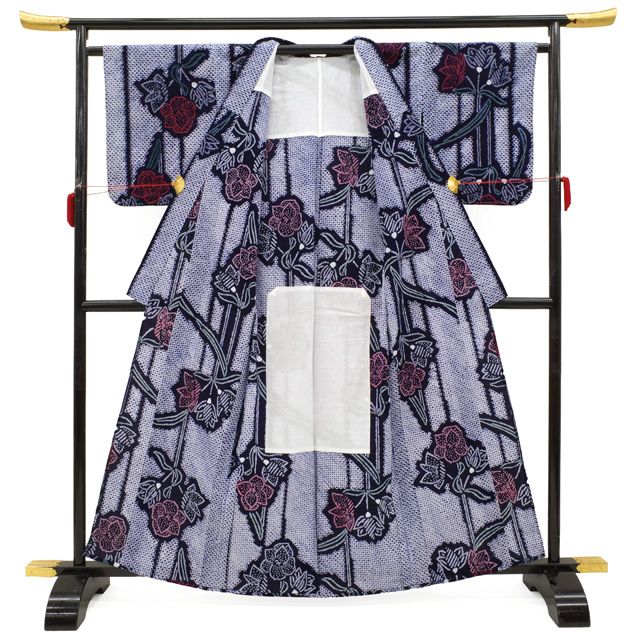  夏物 本場有松鳴海絞り 浴衣 リサイクル 有松 ゆかた 絞り 木綿 濃藍色地 ネイビー系 花柄 カジュアル 夏 手縫い仕立て 有松絞り 夕涼み 花火大会 花火 お祭 仕立て上がり 身丈162 裄丈65 Ｍサイズ みやがわ sb 16592 浴衣単品 浴衣