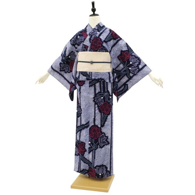 有松絞り 浴衣 紺色 シンプル 花柄 スタンダード 中古美品 utatane