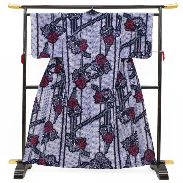 夏物 本場有松鳴海絞り 浴衣 リサイクル 有松 ゆかた 絞り 木綿 濃藍色地 ネイビー系 花柄 カジュアル 夏 手縫い仕立て 有松絞り 夕涼み 花火大会 花火 お祭 仕立て上がり 身丈162 裄丈65 Ｍサイズ みやがわ sb 16592