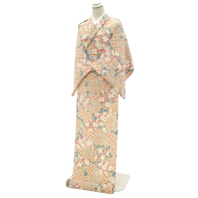 小紋 着物 着尺 反物 正絹 手染め 浜ちりめん 縮緬 鬼しぼちりめん 草花 七宝 観世水 パステル カラフル オレンジ ピンク ブルーグレー 緑 かわいい カジュアル 春 秋 冬 未仕立て みやがわ sb 16593