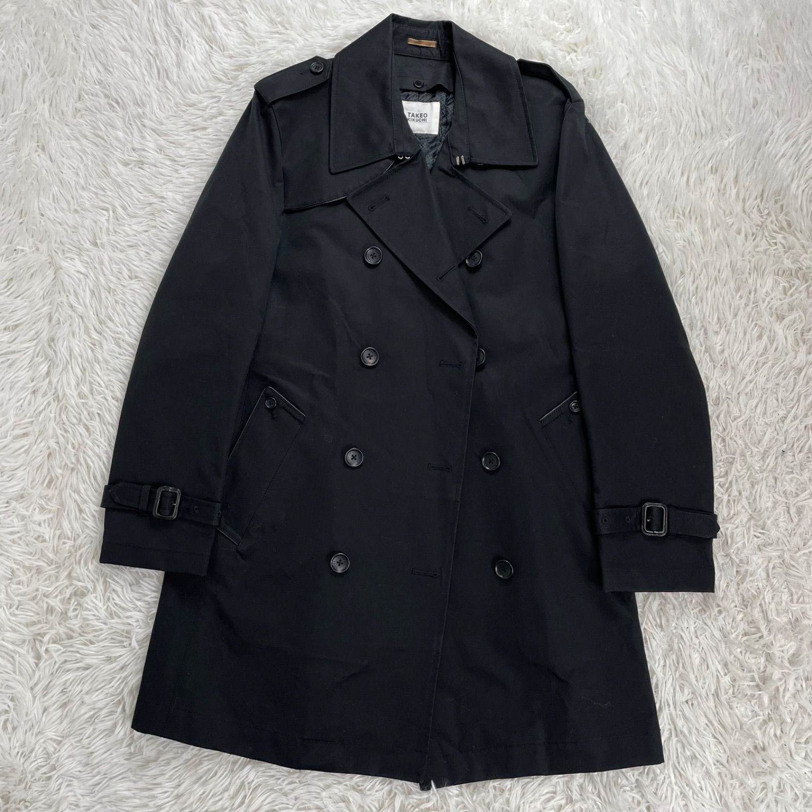TAKEO KIKUCHI トレンチコート キルティングライナー付き コットン L ブラック チェック 撥水 通勤 ダブル スタンド