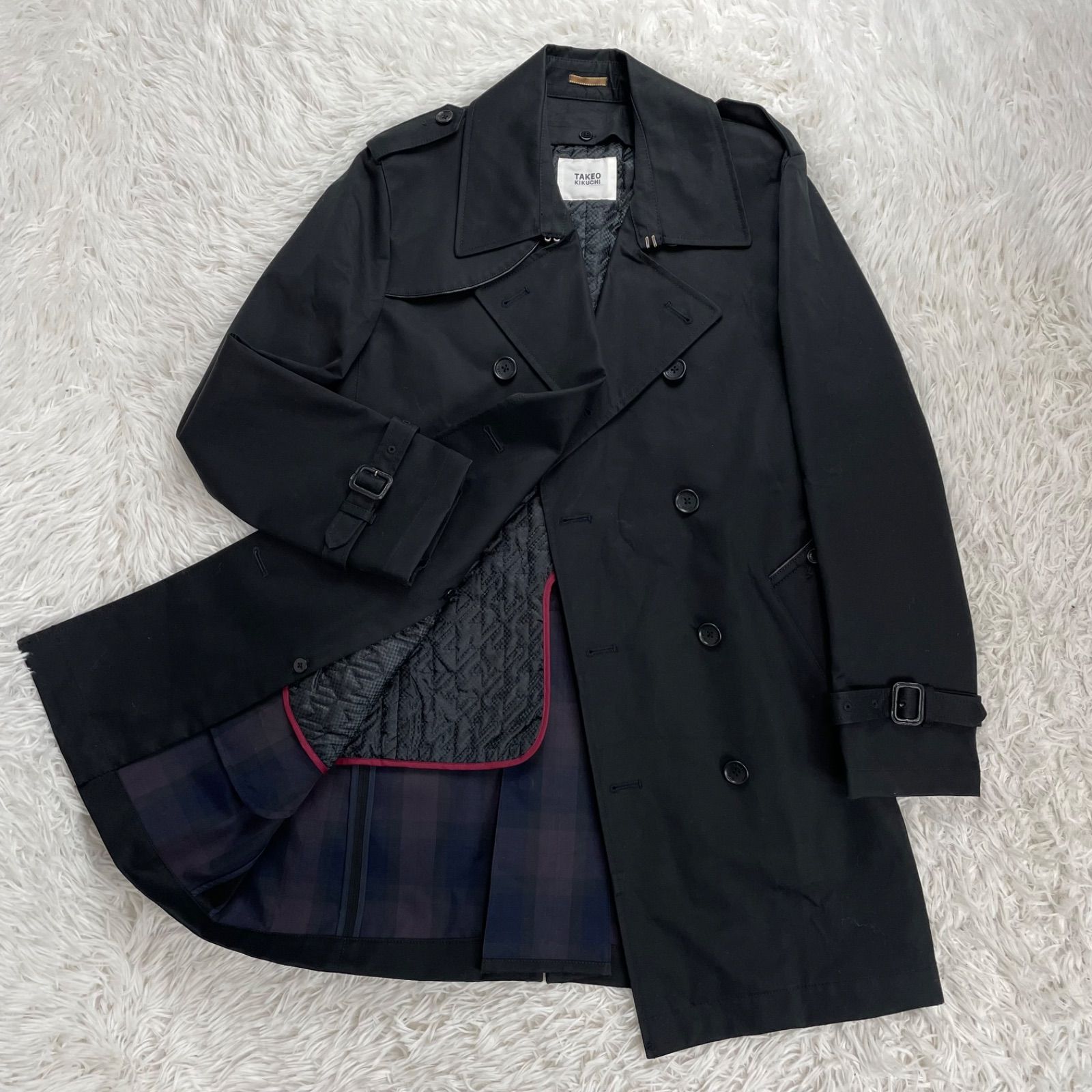 TAKEO KIKUCHI トレンチコート キルティングライナー付き コットン L ブラック チェック 撥水 通勤 ダブル スタンド