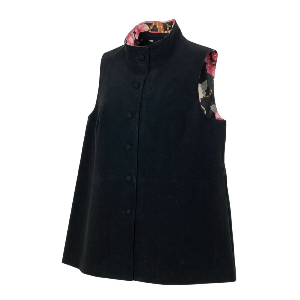 4k7 LEONARD SPORT レオナールスポーツ ジレベスト ロングべスト 美しい花柄プリント スエードレザー 40 ブラックo07t