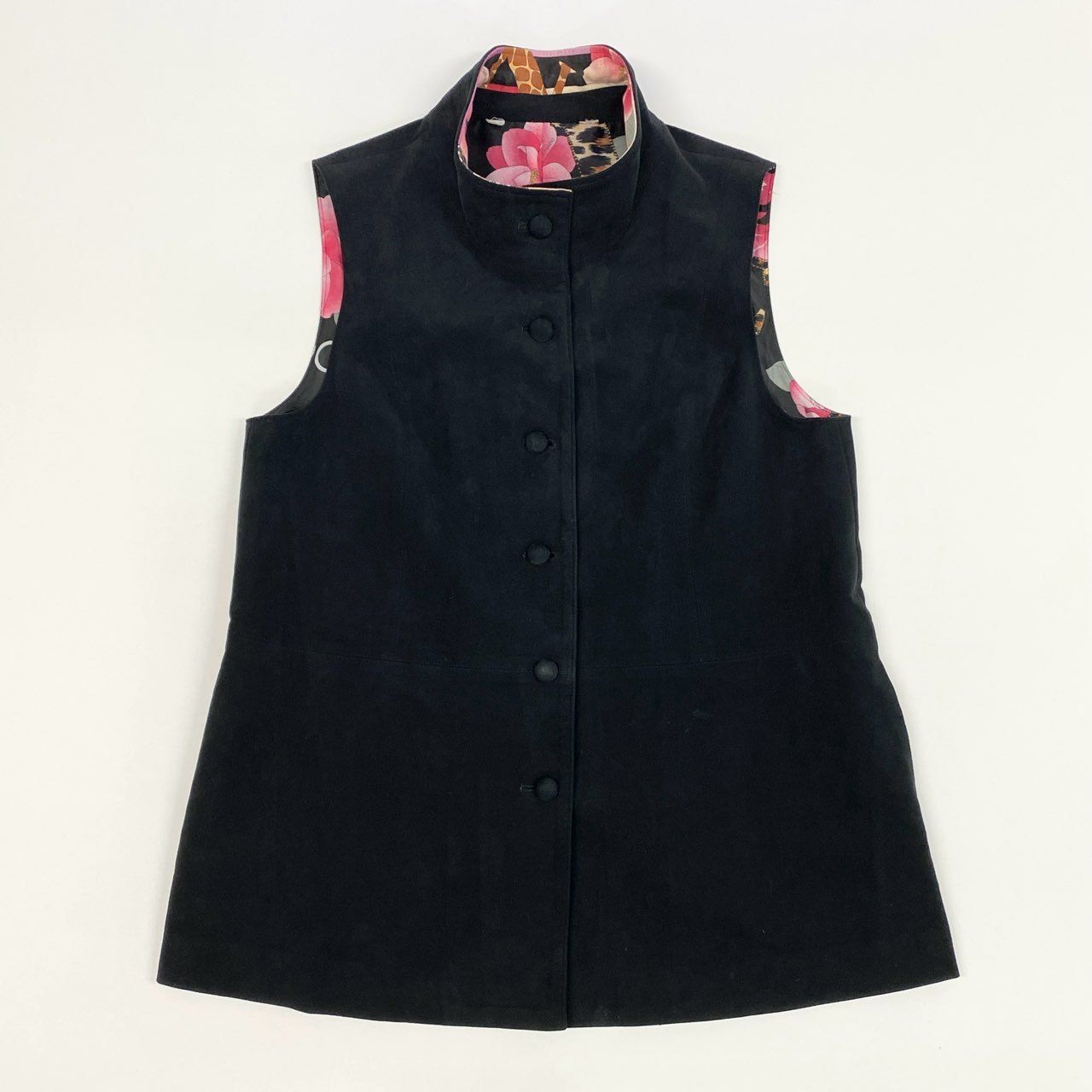 4k7 LEONARD SPORT レオナールスポーツ ジレベスト ロングべスト 美しい花柄プリント スエードレザー 40 ブラックo07t