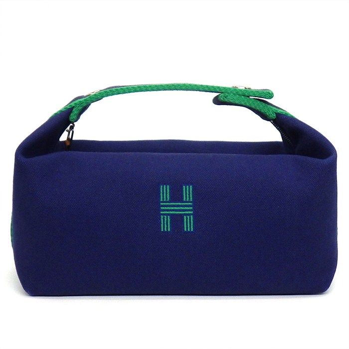 エルメス HERMES バス用ポーチ ハンドバッグ ブリッド ア ブラック PM マリン コットン シルバー金具