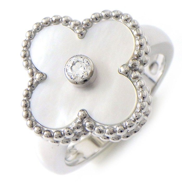 ヴァンクリーフ＆アーペル Van Cleef Arpels リング ヴィンテージアルハンブラ ホワイト シェル 1ポイント ダイヤモンド 0 06 ct K 18 WG 9号 49