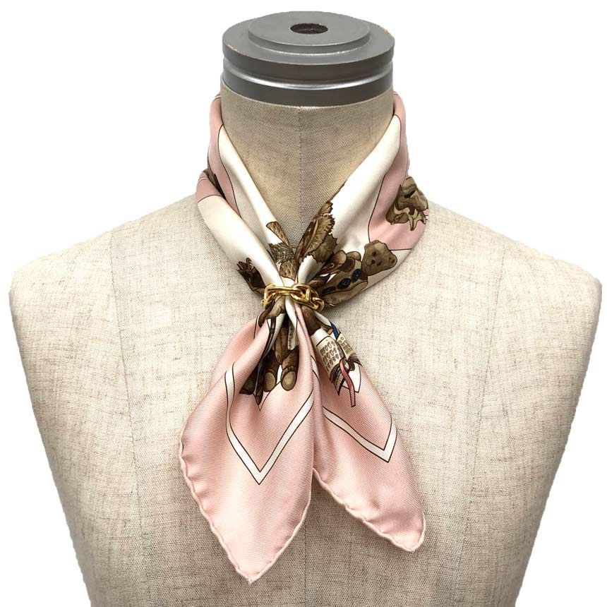 HERMES エルメス カレ45 スカーフ ティディベア クマ DES COEURS 心の友 ピンク aq 12163