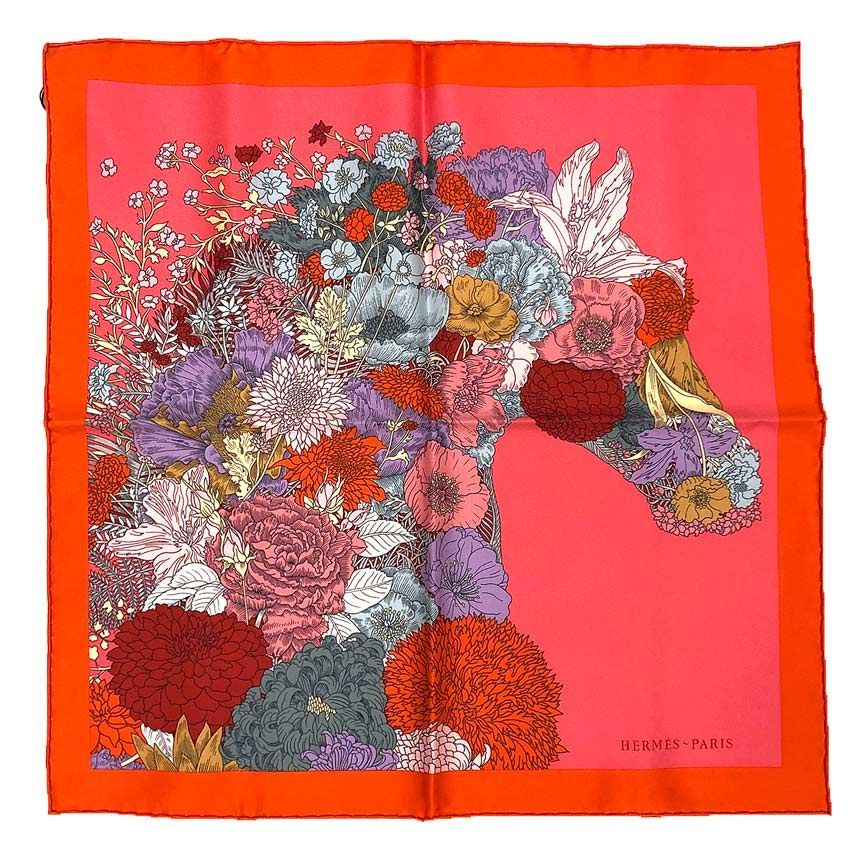HERMES エルメス スカーフ カレ45 Robe Legere Detail ローブ レジェール デタイユ 馬 花柄 レッド 赤系 aq12160