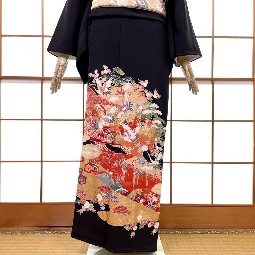  黒留袖 長襦袢 2点セット 正絹 刺繍 金彩 群鶴 着物 kimonolove 作家物 手入れ済み リユース品 オゾン消臭サービス A-1960 黒留袖 着物