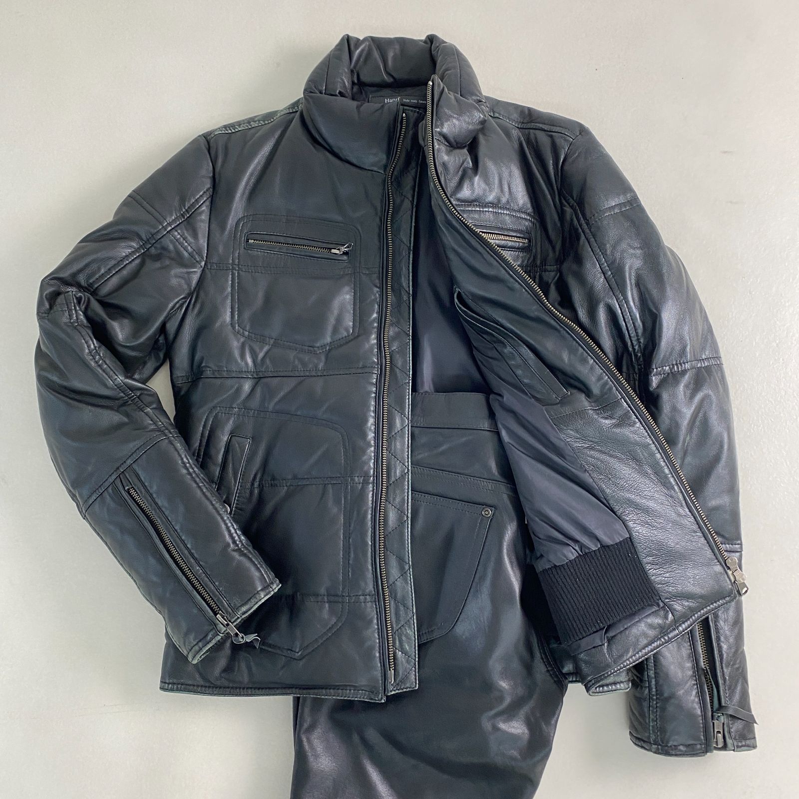 セットアップ 本革 ダウンジャケット パンツ レザージャケット 中綿入り ブラック