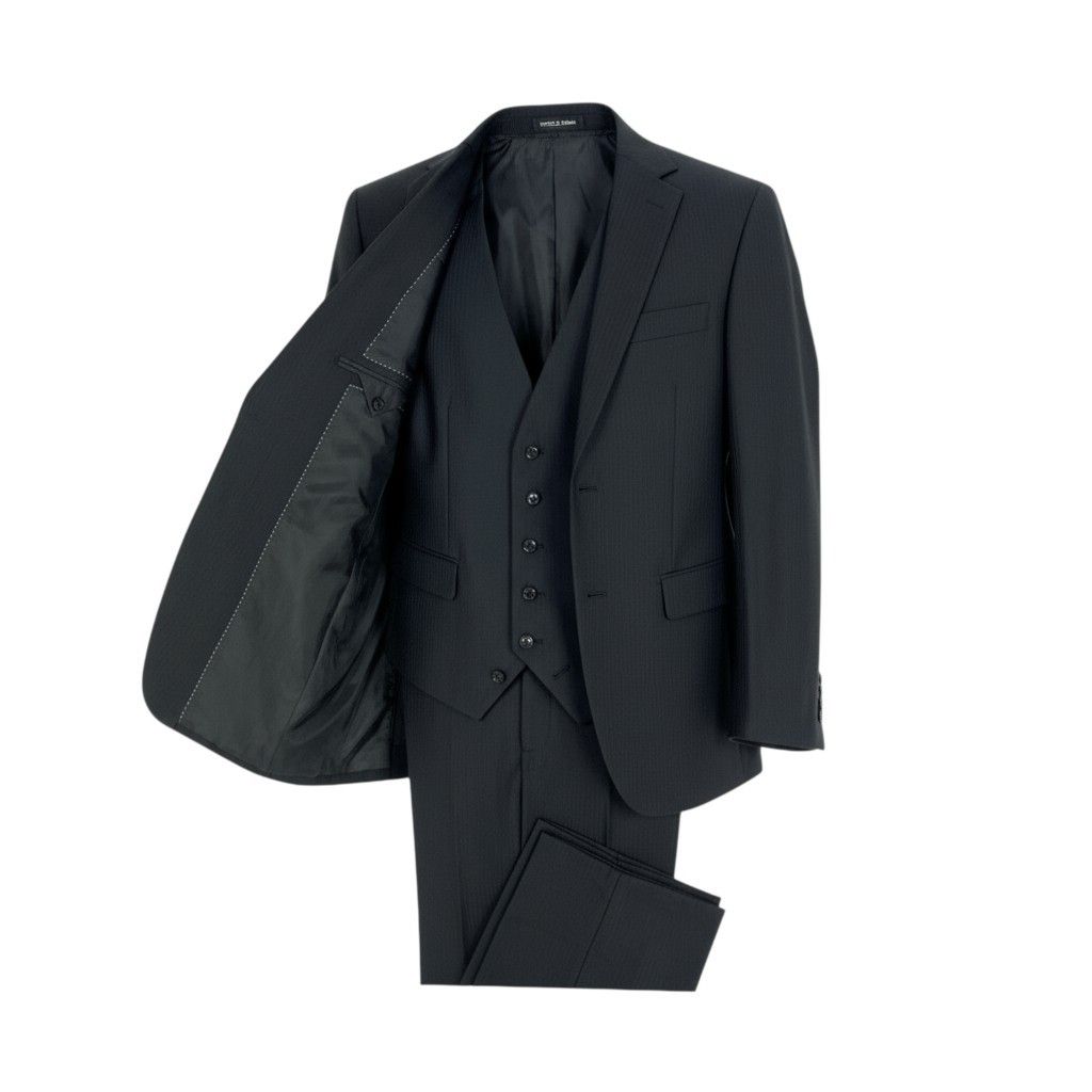 4k7 NICOLE Selection ニコルセレクション セットアップスーツ 3ピース スリーピース ストライプ柄 シングル 2B ビジネス フォーマル メンズ 紳士服 52 ブラックo07t