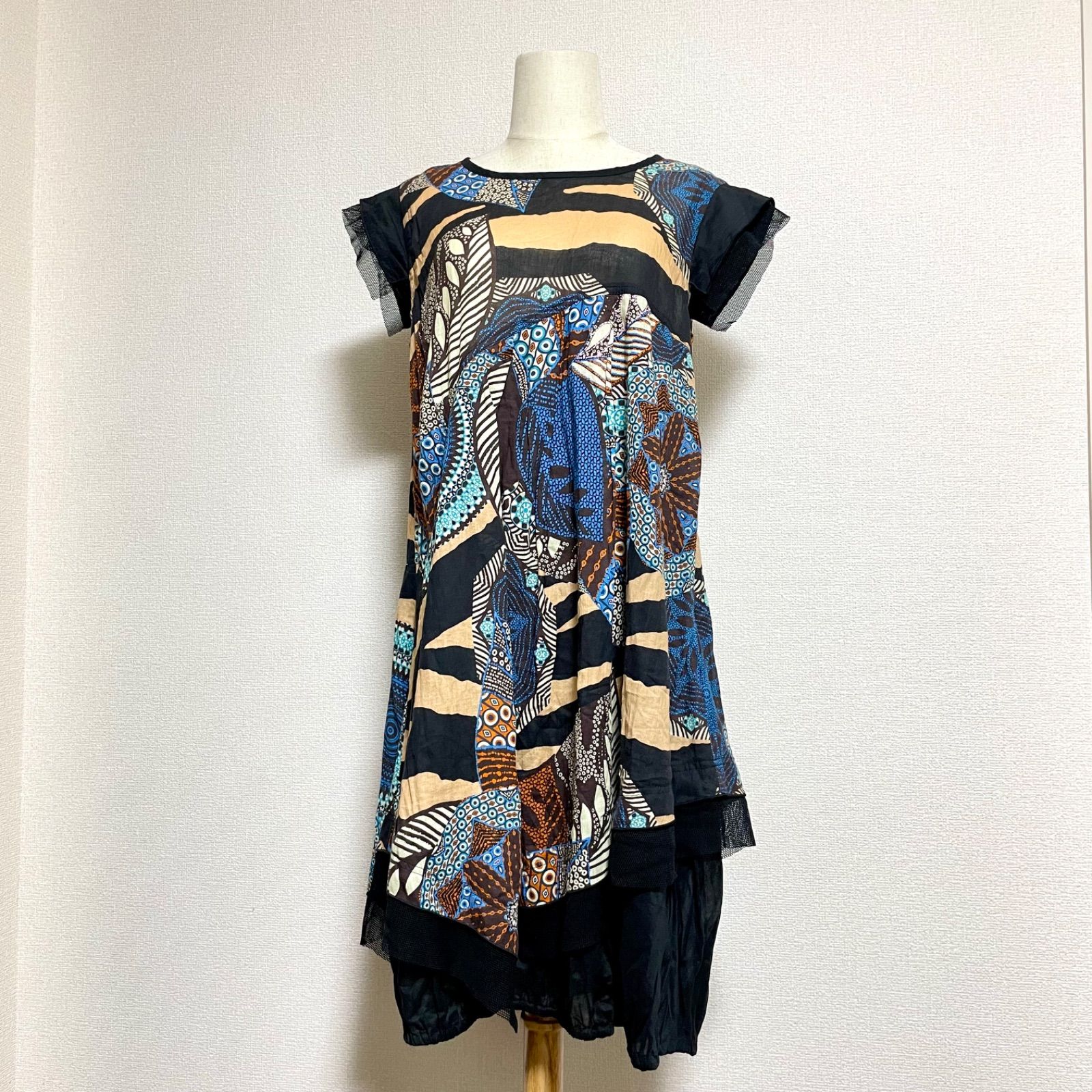 EIKO KONDO エイココンドウ コクーンシルエット チュニックワンピース 総柄 メッシュ パッチワーク エターナリーブレイズ