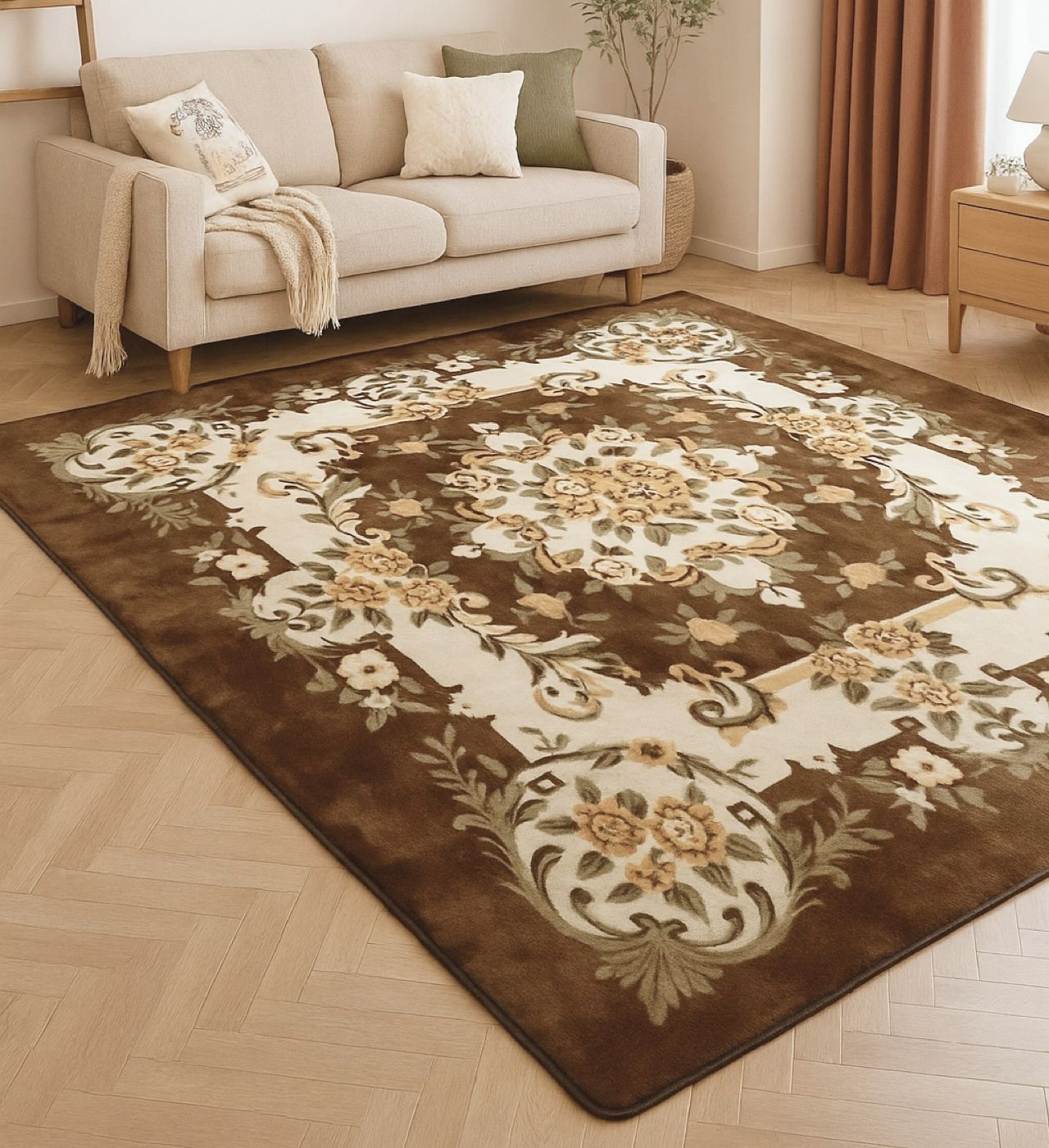 6畳 ホットカーペットカバー ラグ カーペット ブラウン 床暖房対応 エレガント ホットカーペットカバー対応 上品 花柄 感 癒し リビング 温もり 落ち着き 約
