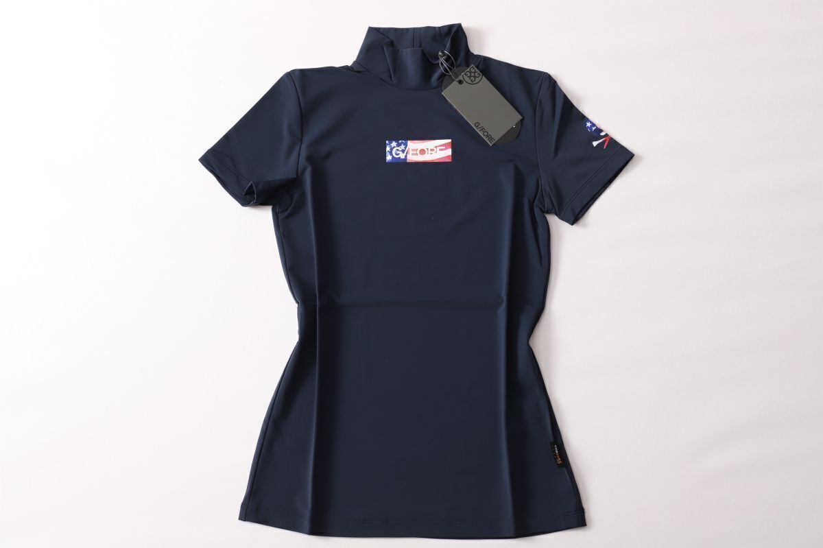 正規 G FORE ジーフォア レディースアメリカンロゴ半袖モックネックシャツ 34 ネイビー紺 速乾軽量