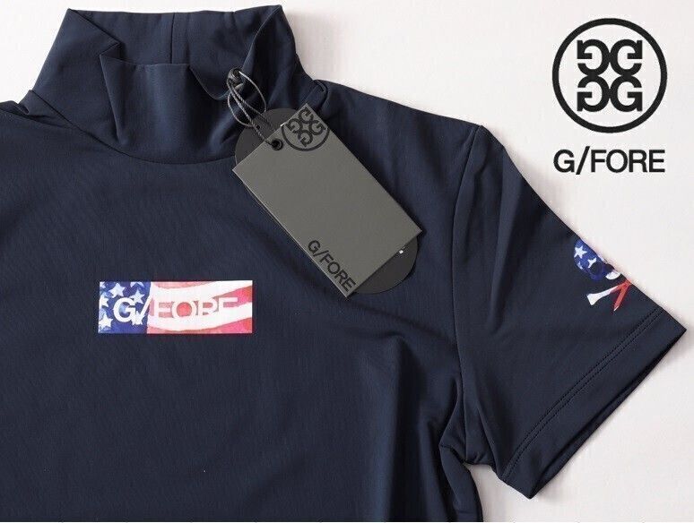 正規 G FORE ジーフォア レディースアメリカンロゴ半袖モックネックシャツ 34 073212067 ネイビー紺 本物保証 速乾軽量