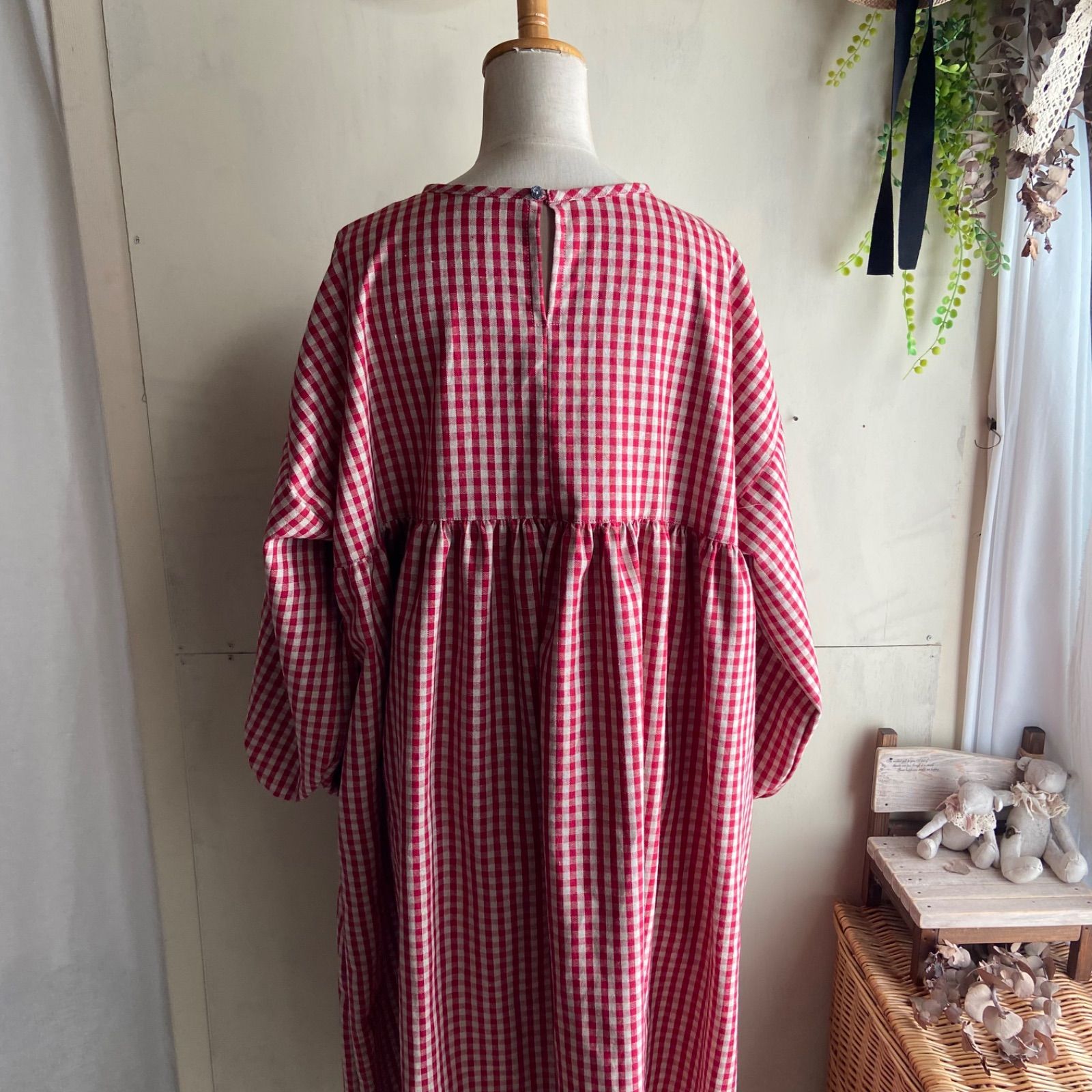 ギャザーワンピース 綿麻