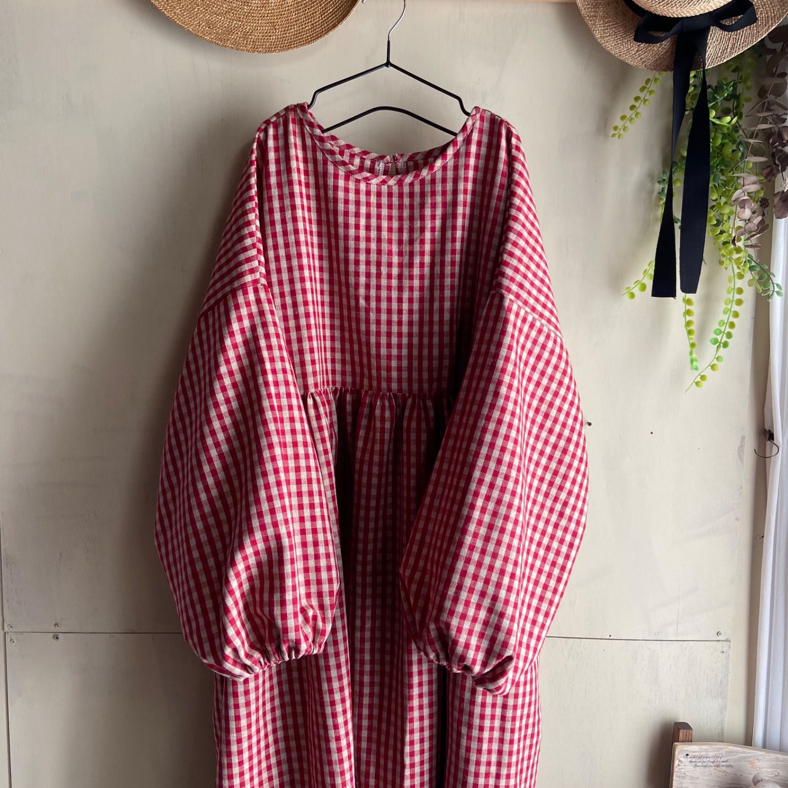  ギンガムチェック 赤 ギャザーワンピース 綿麻 長袖 七分袖 その他