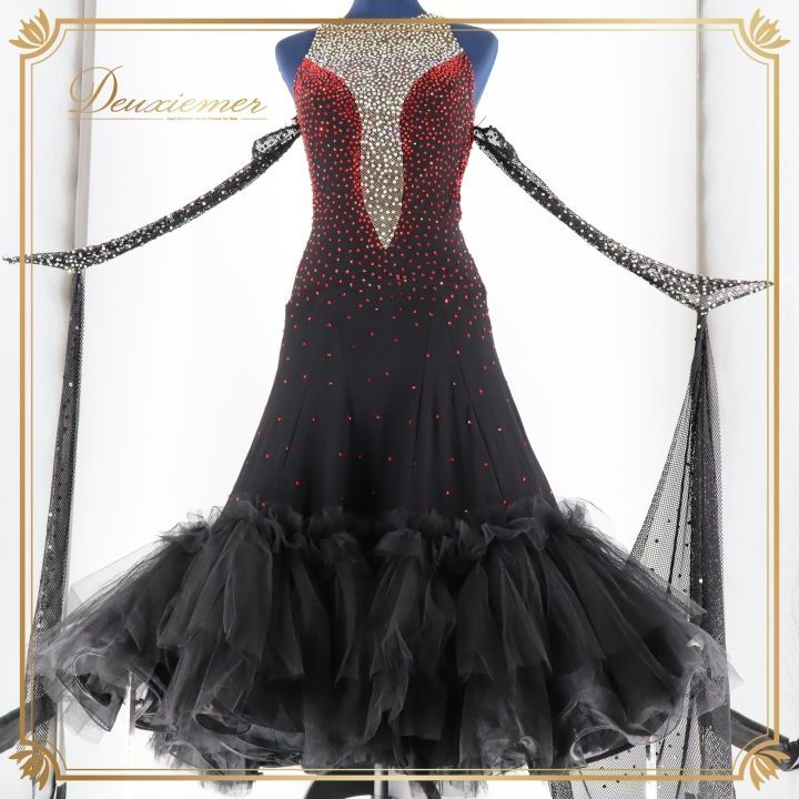 社交ダンス 衣装 タカダンス TAKADANCE ドレス ドレス ワンピース 黒 赤 レース フロート デモ メッシュ ゴージャス 競技 ダンス パーティ ブラック系 レッド系 レディース 舞台衣装 フォーマル おしゃれ