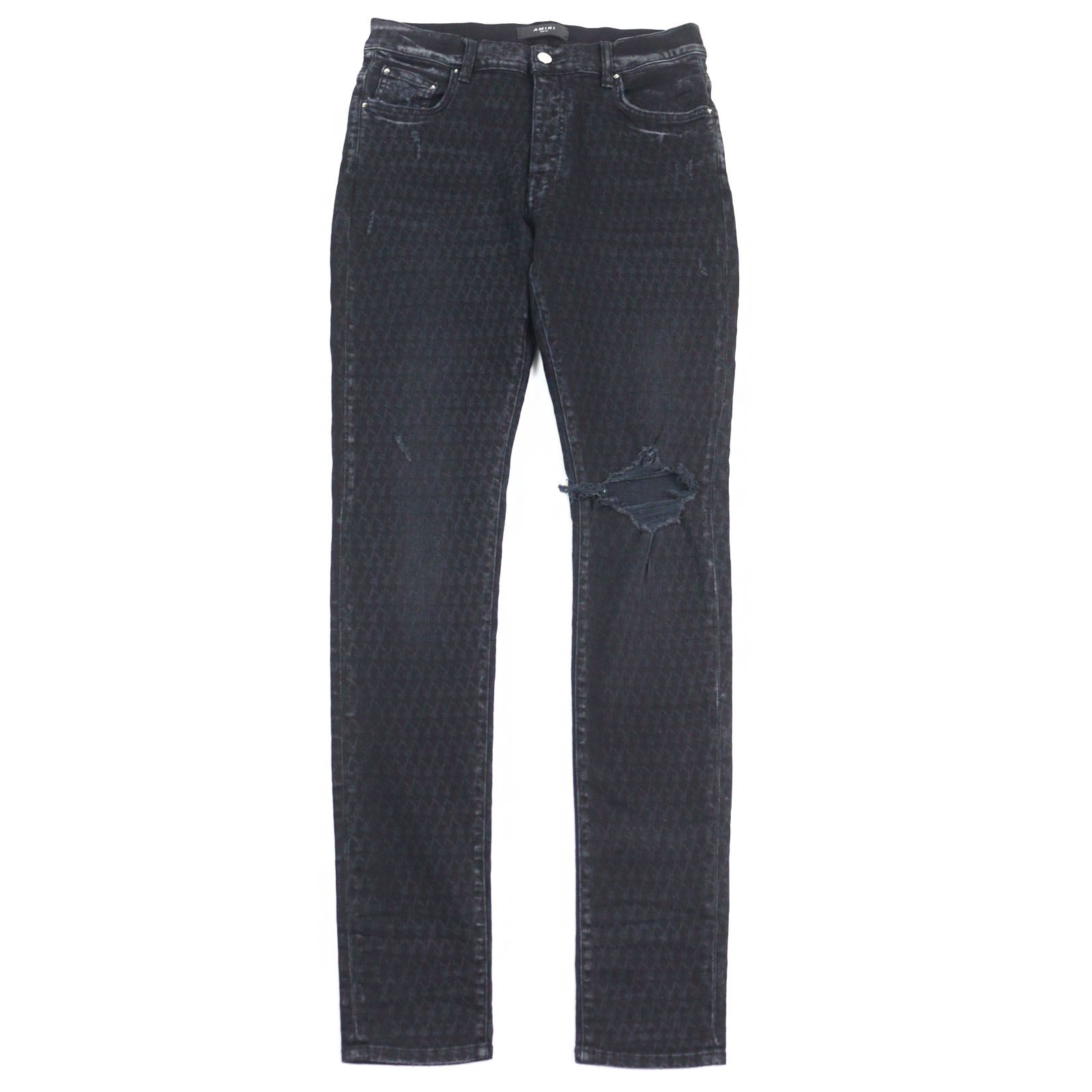 【ドンドン見直し】美品○AMIRI アミリ 21AW SR1MDS051SAMDSI ロゴプレート付き レザーパッチ クラッシュデニムパンツ グレー 31 USA製 正規品 メンズ