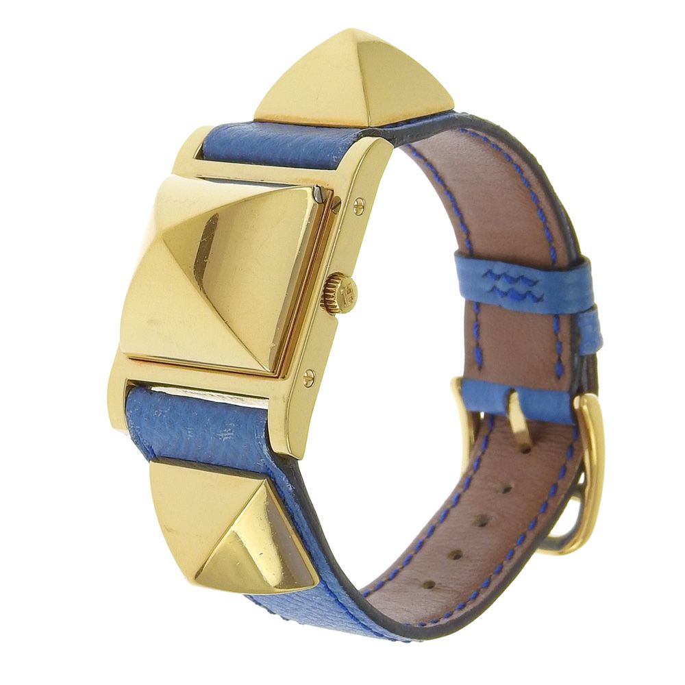 HERMES エルメス メドール 金メッキ×レザー 青 クオーツ アナログ表示 レディース 白文字盤 腕時計