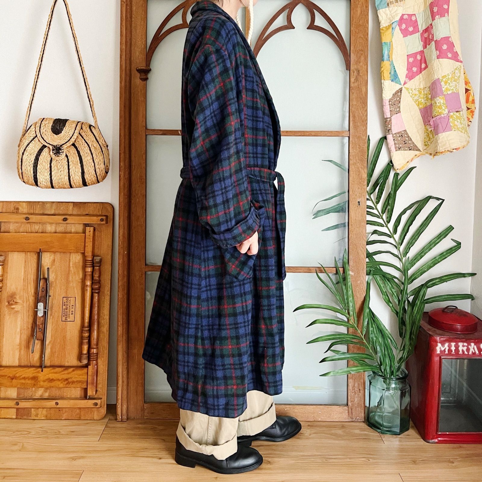 ユーロヴィンテージ ウール 青チェック ロングガウン（m298） - メルカリ