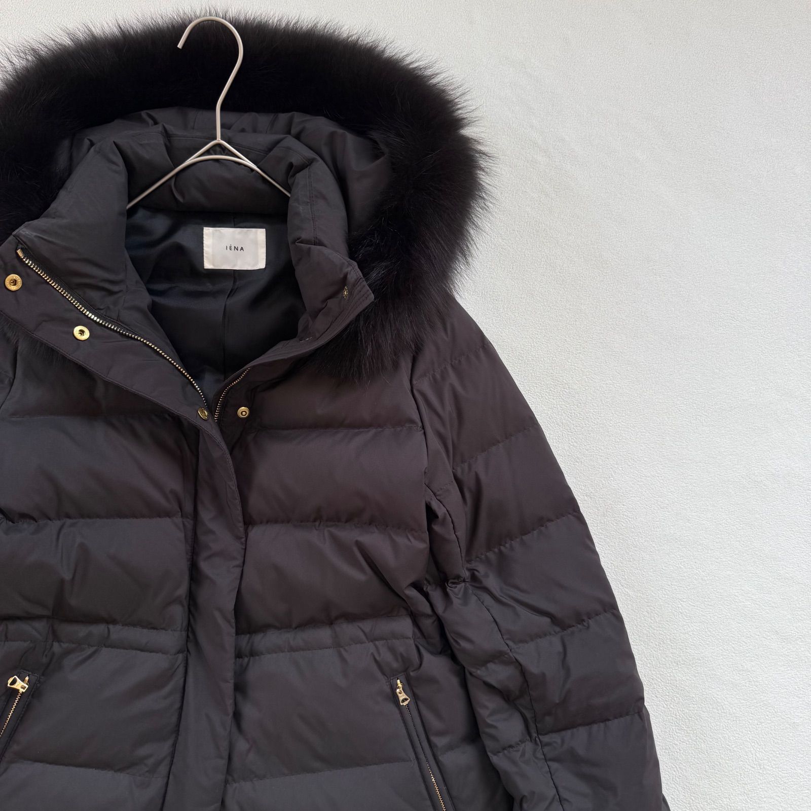 イエナ ダウンジャケット ブラック 38 フォックスファー付き 良品・名作・38✨イエナ タフタ ロング ダウンコート フォックスファー