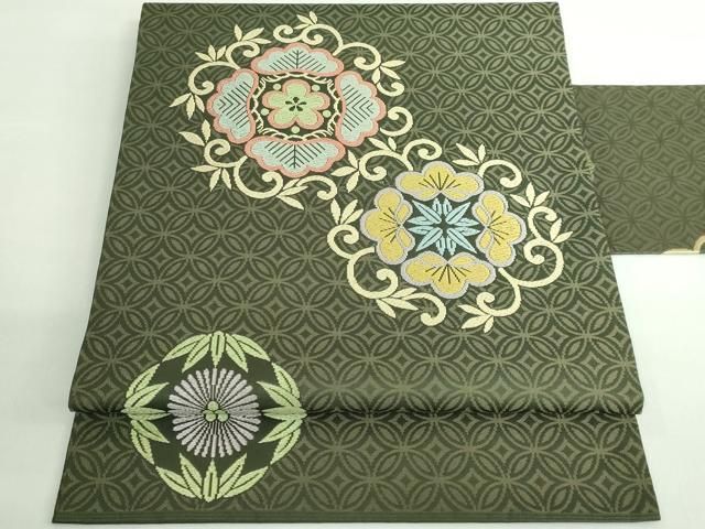 平和屋着物□極上 西陣 川島織物 九寸名古屋帯 唐織 花唐草 麹塵色地